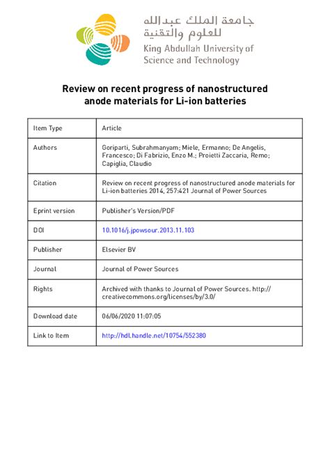 Review on recent progress of nanostructured anode materials.